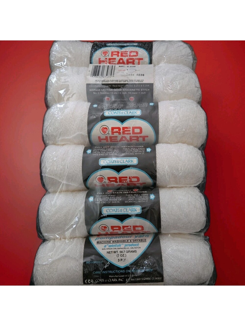 6 Skeins Red Heart Pompadour Yarn Sport Weight 2 oz ea Color 1 White NOS